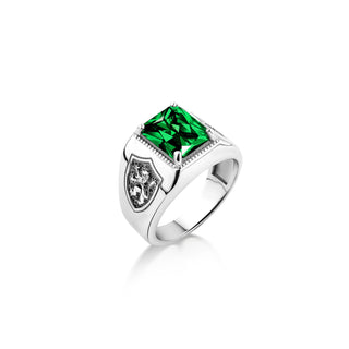 Engraved rampant emerald stone lion silver ring, Sterling silver mens green emerald ring for husband, Scottish green jade silver men ring