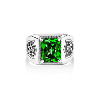Engraved rampant emerald stone lion silver ring, Sterling silver mens green emerald ring for husband, Scottish green jade silver men ring