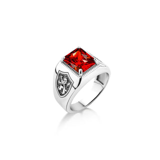 Square cut red ruby men ring with engraved rampant Lion, 925 silver men red ruby ring for husband, Scottish ruby ring, Wedding gift men ring