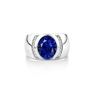 Sterling silver blue sapphire ring for men and cubic zirconia, Unique men elegant ring with blue gemstone, Wide band ring, Sapphire men ring