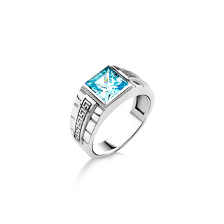 Blue topaz engraved ring for men in sterling silver, Male promise ring with square blue topaz, Blue stone ring, Aquamarine stone men ring