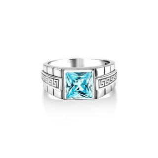 Blue topaz engraved ring for men in sterling silver, Male promise ring with square blue topaz, Blue stone ring, Aquamarine stone men ring