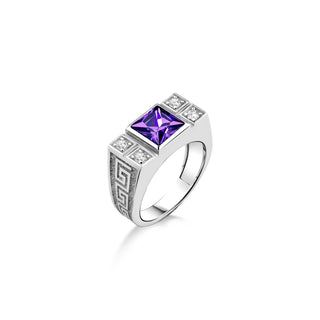 Amethyst mens silver signet ring with pave CZ, Square cut purple stone ring with engraved greek motif, Unique mens ring, Jewelry for men