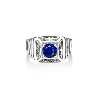Greek motifs sapphire stone men ring in sterling silver, Clear blue sapphire mens ring for boyfriend, Unique mens ring, Blue stone men ring