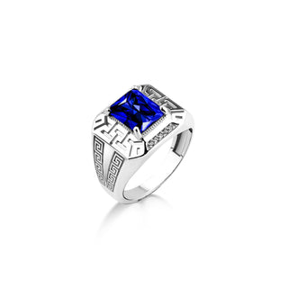 Minimalist sapphire stone men ring in sterling silver, Signet greek pattern ring for men in silver, Blue stone men ring for everyday use
