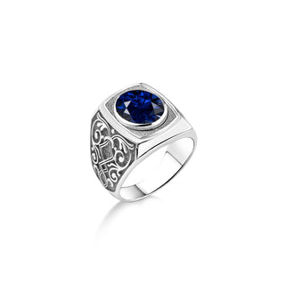 Sapphire stone big signet ring for men in silver, Victorian symbol blue sapphire mens ring, Antique blue stone mens ring, gemstone men gifts