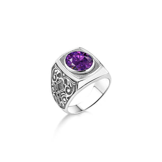 Victorian wide band men amathyst stone silver ring, Engraved lily on side amethyst silver ring for men, Big purple ston men gift rings