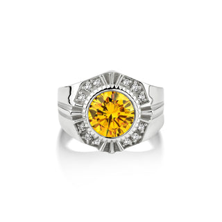 Pinky signet silver men ring with yellow stone, Sterling silver yellow citrine wedding ring, Yellow citrine and CZ mens cocktail ring
