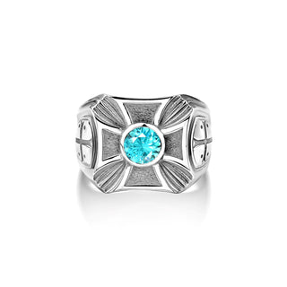 Engraved crusader shield with blue topaz men silver ring, Christian gemstone ring, Aquamarine stone ring for men in silver, Wedding Gift