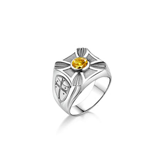 Yellow citrine big silver signet ring with engraved crusader shield, Wide band mens ring with christian cross in silver