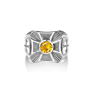 Yellow citrine big silver signet ring with engraved crusader shield, Wide band mens ring with christian cross in silver