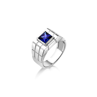 Wedding unique men silver ring with blue sapphire stone, Square cut blue sapphire men ring, Unique elegant mens ring with blue stone