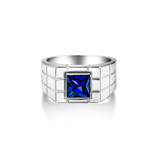 Wedding unique men silver ring with blue sapphire stone, Square cut blue sapphire men ring, Unique elegant mens ring with blue stone