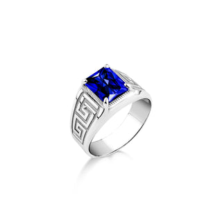 Rectangle cut blue sapphire ring in silver, Blue gemstone ring with engraved meander, Elegant mens fashion ring, sapphire silver men ring