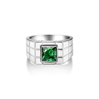 Green emerald square cut ring in sterling silver, Clear emerald statement ring for men, Elegant mens silver fashion ring, Green jade ring