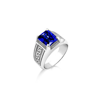 Blue sapphire mens solitaire ring with engraved meander, 925 silver big blue stone statement ring for men, Greek ring, Ring for men