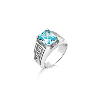 Solitare blue topaz silver men ring witg engraved meander, Aquamerine stone withy greek syombol ring, Wedding men ring with everyday us