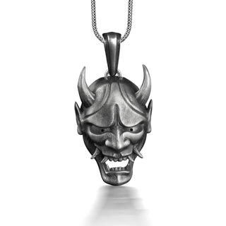 Oni Mask Necklace in Oxidized Silver, Japanese Hannya Mask Necklace For Best Friend, Demon Necklace For Boyfriend, Devil Necklace in Goth