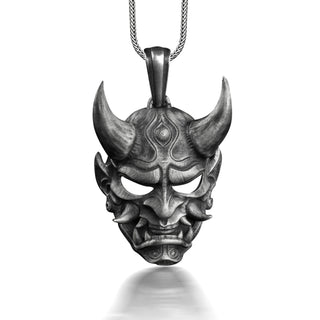 Hannya Mask Oxidized Necklace in Silver, Japanese Art Oni Mask Necklace For Boyfriend, Female Demon Necklace For Girlfriend, Devil Necklace