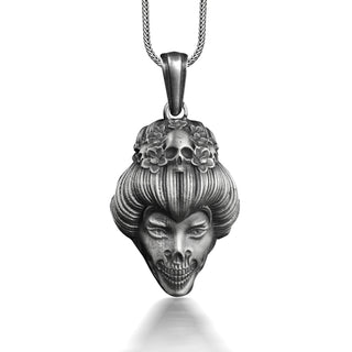 Geisha with Skull Hair Clip Necklace, Japanese Art Goth Necklace in Sterling Silver, Artistic Necklace For Best Friend, Punk Necklace