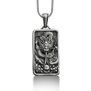 Dragon pendant necklace in oxidized silver,Personalized chinese mythology necklace for men,Engraved fantasy necklace
