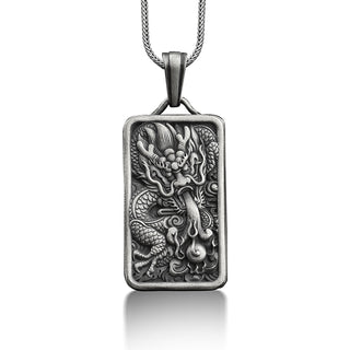 Azure dragon necklace for men in silver, Personalized chinese mythology necklace for husband, Engraved fantasy necklace