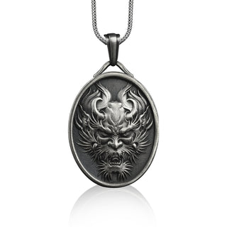 Oni mask personalized silver necklace for men, Japanese demon pendant with custom name, Everyday necklace for boyfriend