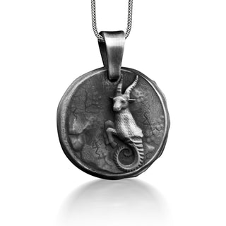 Capricorn Horoscope Necklace in Silver, Engraved Sea Goat Astrology Necklace For Family, Zodiac Sign Coin Necklace For Dad, Birthday Gift