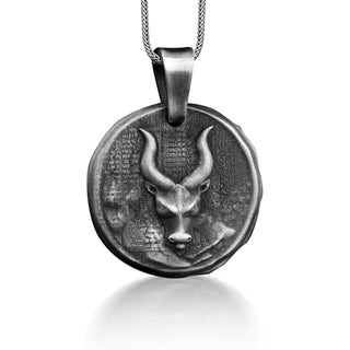 Taurus Zodiac Sign Coin Necklace, Engraved Bull Astrology Necklace For Best Friend, Oxidized Horoscope Necklace in Silver, Dad Birthday Gift