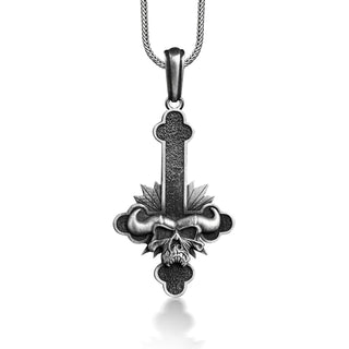 Silver Biker Gothic Cross inverted Necklace , 925 Silver Horned Skull and Cross Gothic Pendant, Halloween Necklace For Best Friend, Men Gift