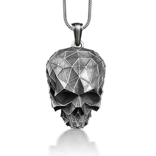 Geometric skull sterling silver necklace for men, Oxidized skull pendant for good luck, Unique goth necklace for husband