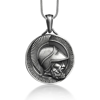 Greek Warrior Coin Necklace with Meander Ornament, Engraved Ancient Necklace For Men, Antique Coin Mens Pendant in Silver, Cool Necklace