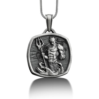 Poseidon with trident pendant necklace for men in sterling silver, Personalized greek mythology necklace, Men necklace