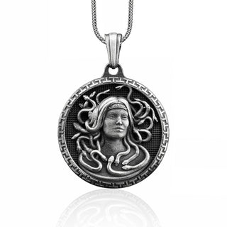 Gorgon medusa handmade pendant necklace in sterling silver, Greek myhology necklace for girlfriend, Engraved necklace