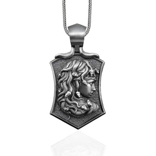 Men Shield Medusa Necklace, Unisex Silver Gorgon Medusa Pendant, Silver Oxidized Jewelry, Men Silver Accessory Gift, Greek Medusa Necklace