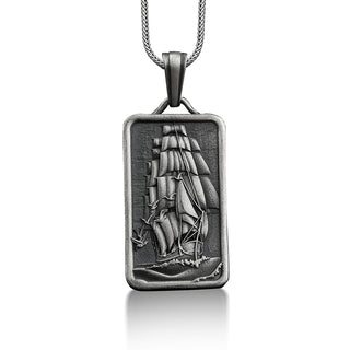 Engraved sailboat pendant necklace in silver, Personalized pirate necklace for boyfriend, Handmade necklace for men