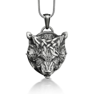 Fenrir with Viking Knot Mask Necklace in Silver, Norse Mythology Wolf Necklace For Dad, Scandinavian Necklace For Husband, Nordic Necklace