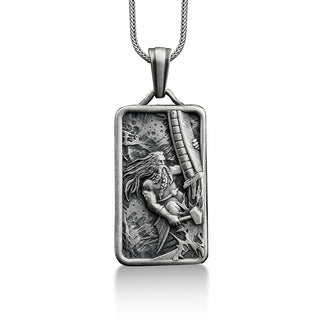 Thor with mjolnir pendant necklace in silver,Personalized celtic norse mythology necklace for men,Engraved necklace