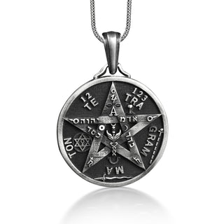 YHWH Tetragrammaton Necklace For Men, Hebrew Necklace in Silver, Jewish Star of David and Pentacle Necklace, Pentagram Necklace For Dad