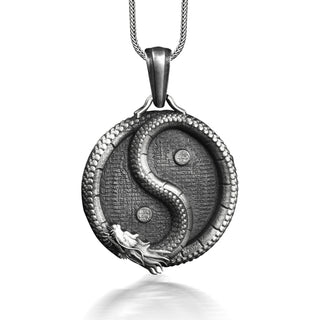 Ying Yang and Dragon Unusual Necklace, Oxidized Chinese Mythology Medallion Necklace For Men, Cool Male Ring For Boyfriend, Fantasy Necklace