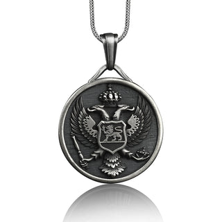 Handmade double head eagle silver necklace for men, Eagle mens pendant with custom name, Unique animal necklace for dad