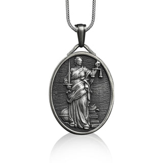 Lady justice art sterling silver necklace for friend, Scales of justice pendant with custom name, Greek goddess necklace
