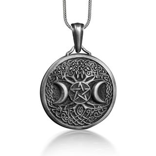 Celtic Moon on Tree of Life Necklace, Pentagram Between Double Moon Necklace in Silver, Celtic Mythology Pendant, Pagan Necklace For Dad