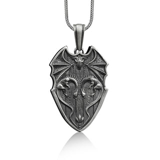 Dragon Shield Silver Fantasy Necklace, 925 Sterling Silver Mythology Jewelry, Dragon Shield Pendant, Engraved Necklace, Personalized Gift