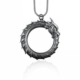 Ouroboros Eating Its Own Tail Necklace, Mens Dragon Necklace, Oxidized Dragon Pendant, Large Dragon Necklace, Silver Mythical Necklace
