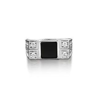 Engraved meander on side flat black onyx ring with cz, Unique sterling silver mens ring with black gemstone, Cool ring