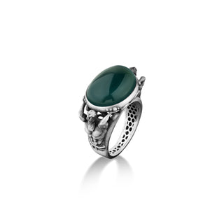 Green agate Poseidon mens ring in sterling silver, Handmade unique ring with green jade, Gift agate ring ancient greek god engraved on side