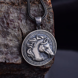 Handmade Sterling Silver Horse Necklace, Greek Gorgon Horse Charm Pendant, Oxidized Horse Mens Necklace, Animal Gift Jewelry, Gift For Men's