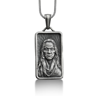 Rectangle ındian chief pendant in 925 sterling silver, Native american necklace for dad, Personalized gift for him