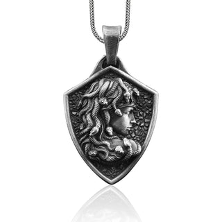 Gorgon Medusa Handmade Sterling Silver Men Charm Necklace, Greek Mythology Medusa Jewelry, Medusa Pendant with Chain, Minimalist Necklace